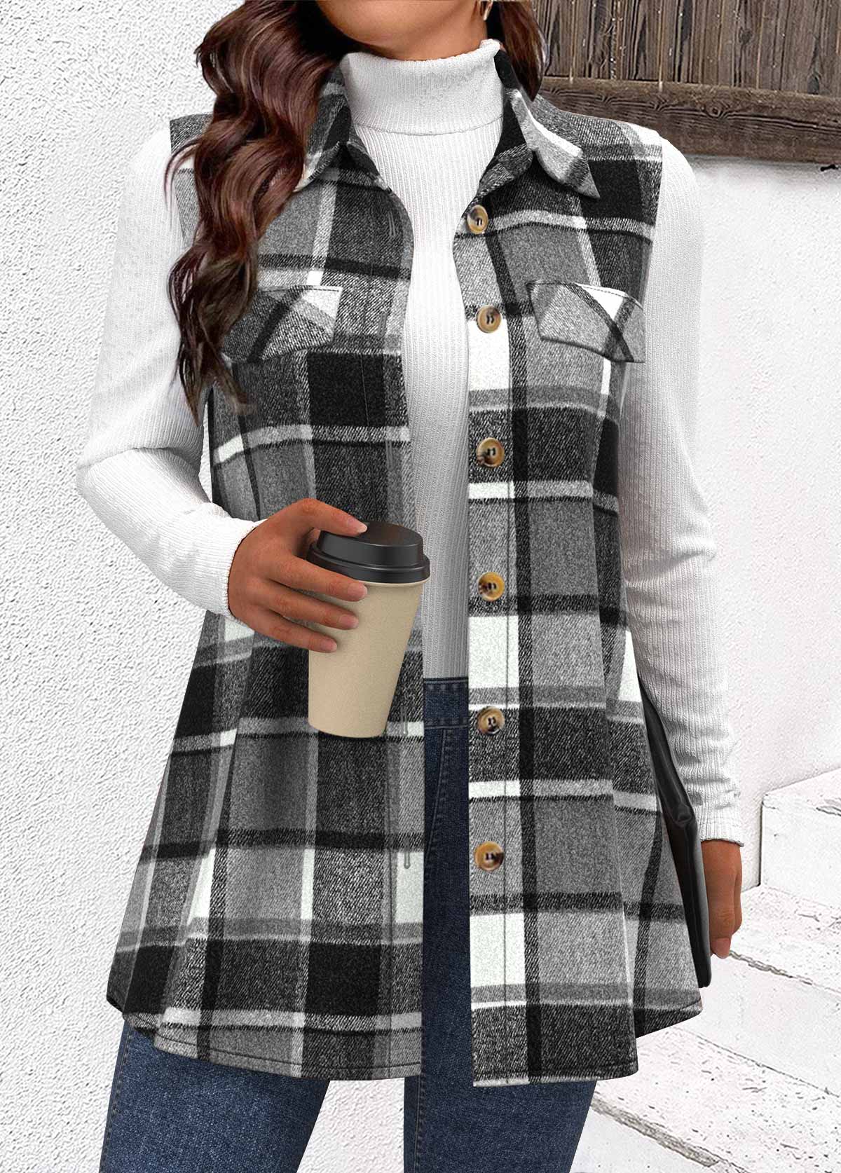 Modlily Grey Dark Camel Patchwork Plaid Sleeveless Shirt Collar Waistcoat - M