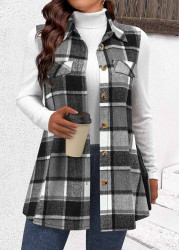 Modlily Grey Dark Camel Patchwork Plaid Sleeveless Shirt Collar Waistcoat - M