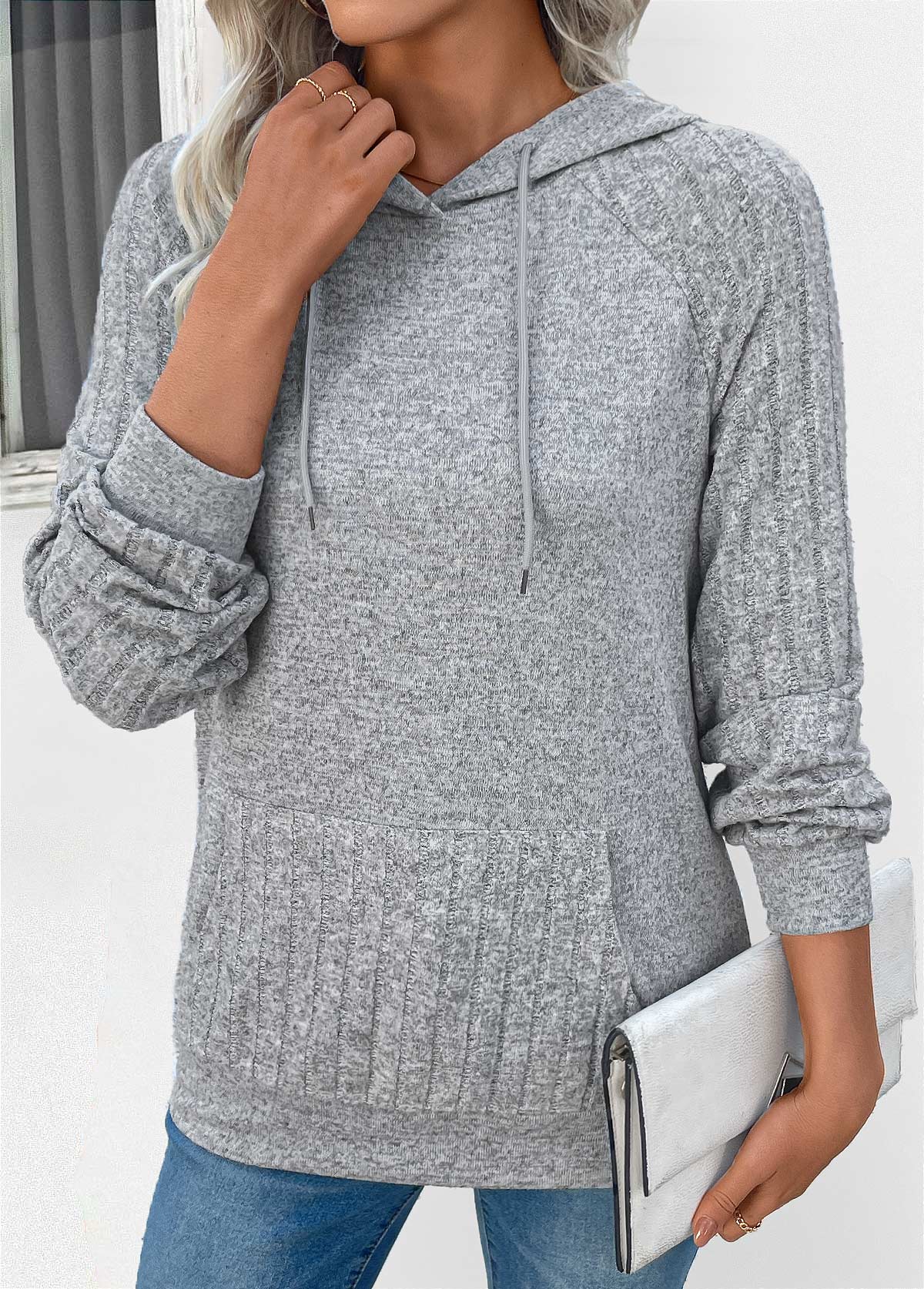 Modlily Grey Drawstring Patchwork Long Sleeve Hoodie - M