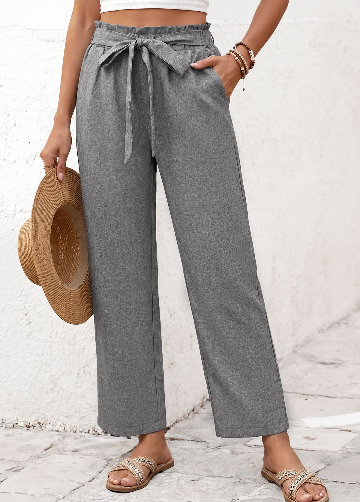 Modlily Grey Elastic Waist High Waisted Ankle Length Pants - S
