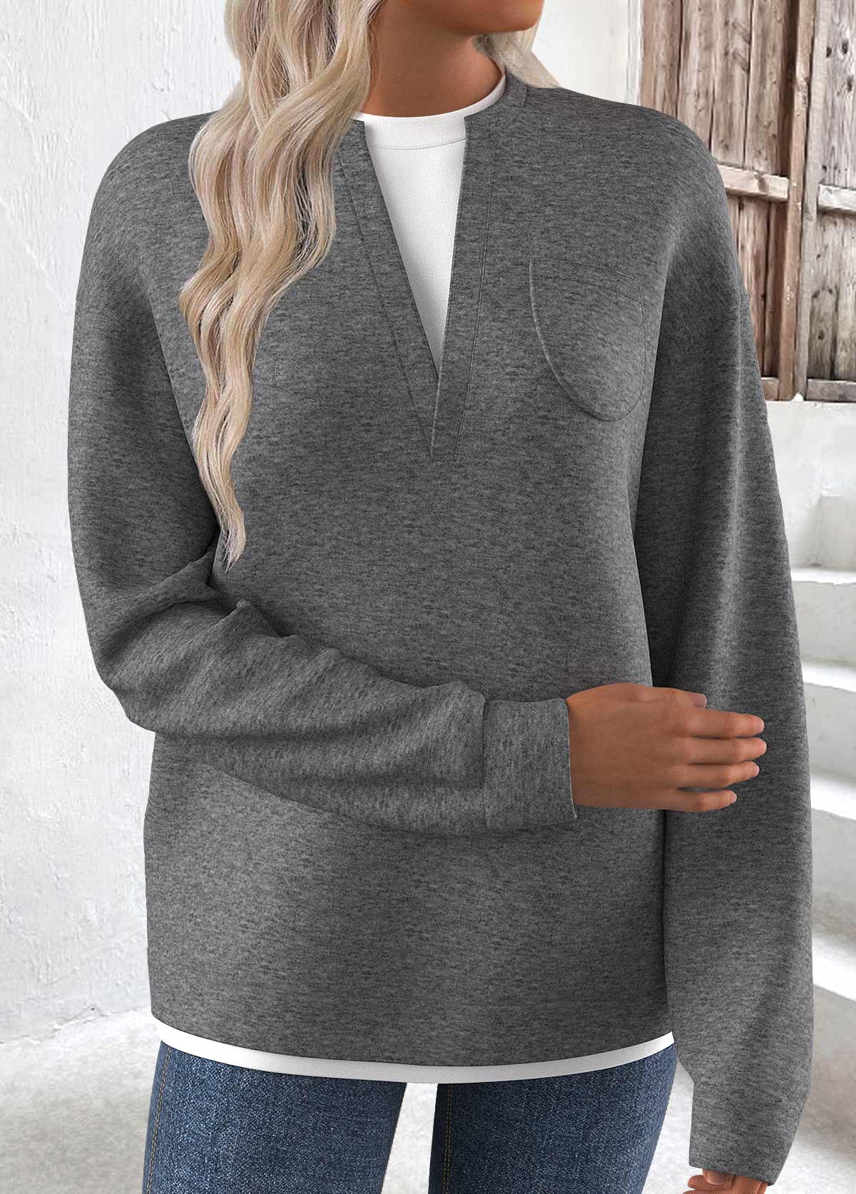 Modlily Grey Fake 2in1 Long Sleeve Round Neck Sweatshirt - S