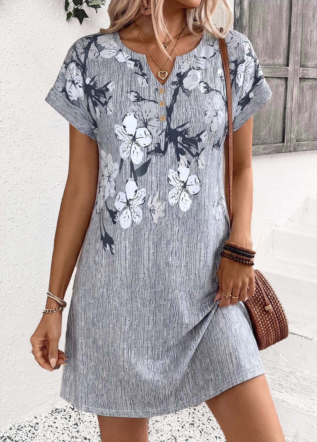 Modlily Grey Floral Print Short Tummy Coverage Split Neck Dress - M
