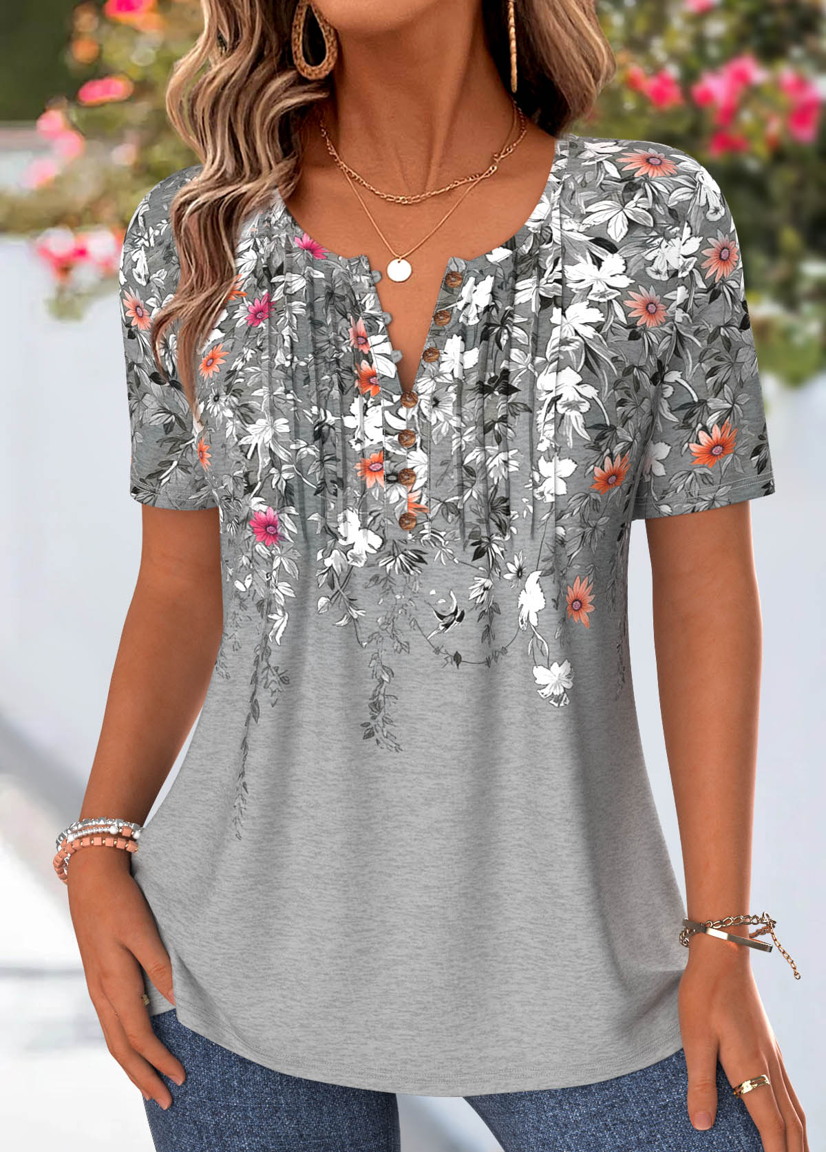 Modlily Grey Floral Print Tuck Stitch Short Sleeve T Shirt - M