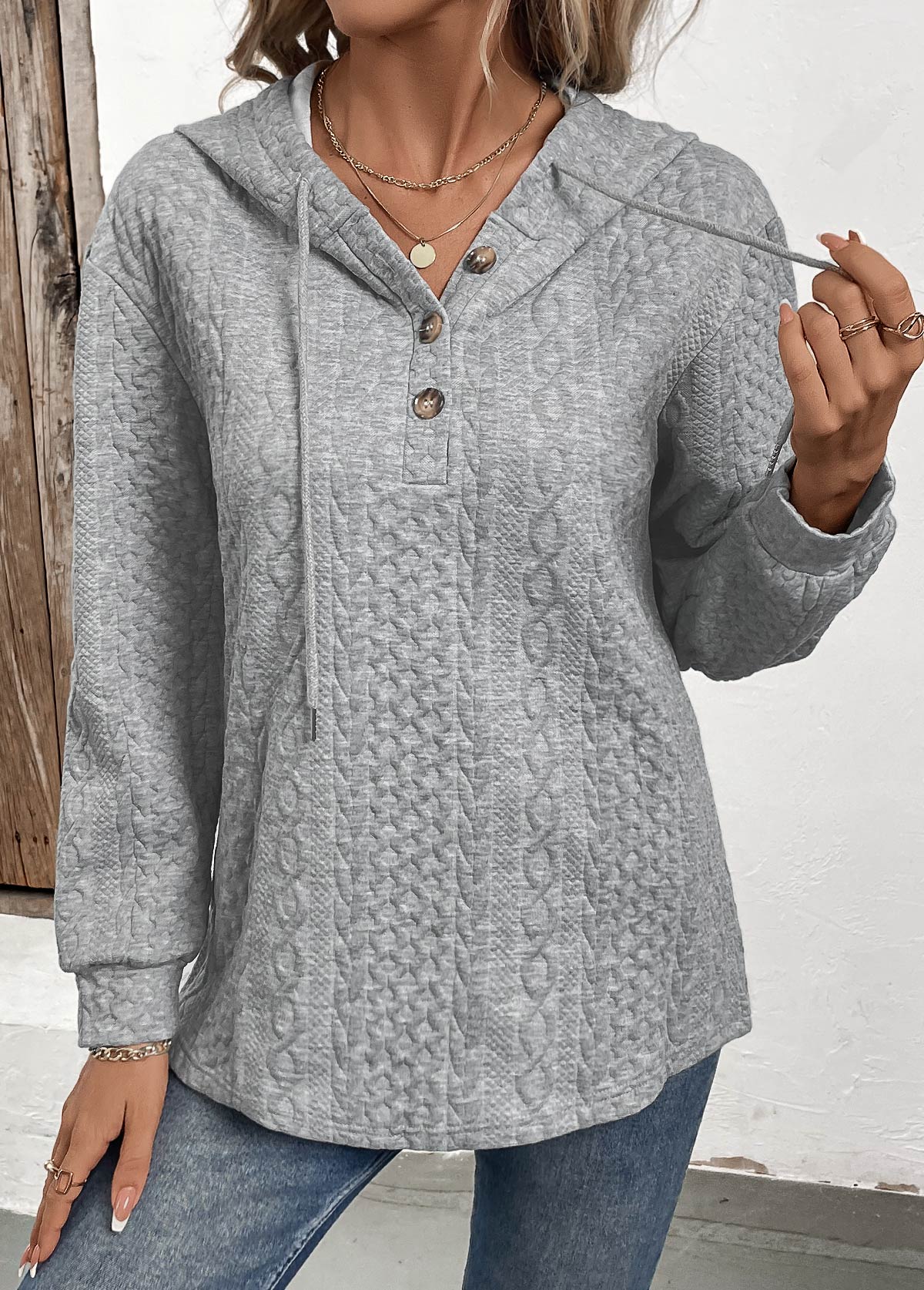 Modlily Grey Jacquard Button Long Sleeve Hoodie - XL
