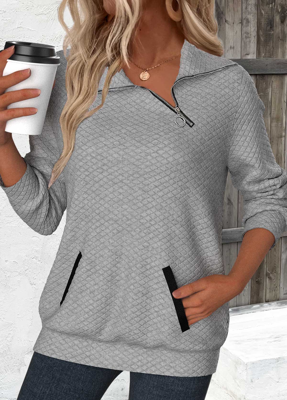 Modlily Grey Jacquard Long Sleeve Asymmetrical Neck Sweatshirt - M