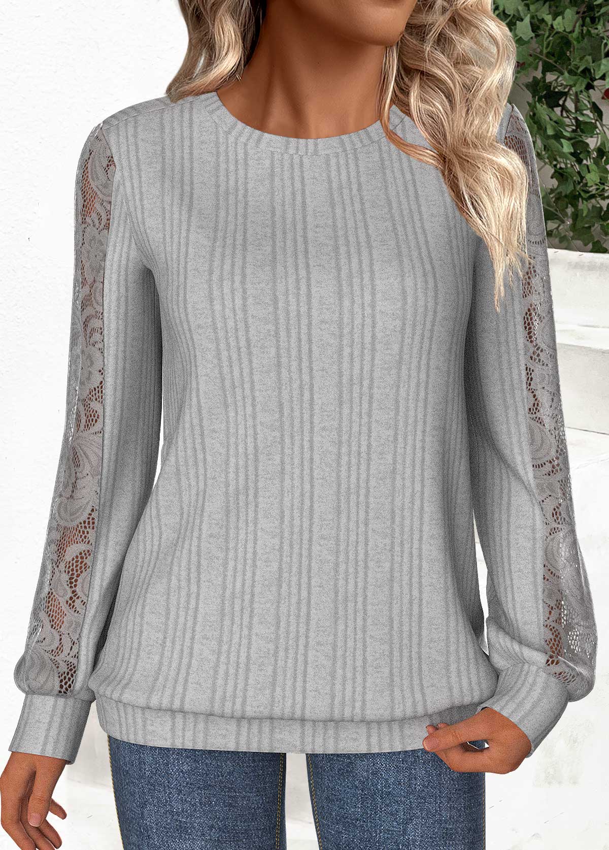 Modlily Grey Lace Long Sleeve Round Neck Sweatshirt - S