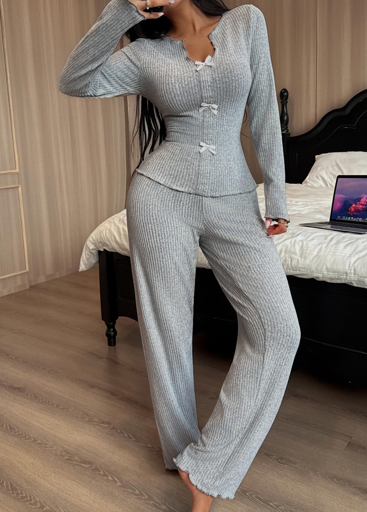 Modlily Grey Long Sleeve Split Neck Lounge Top and Pants - M