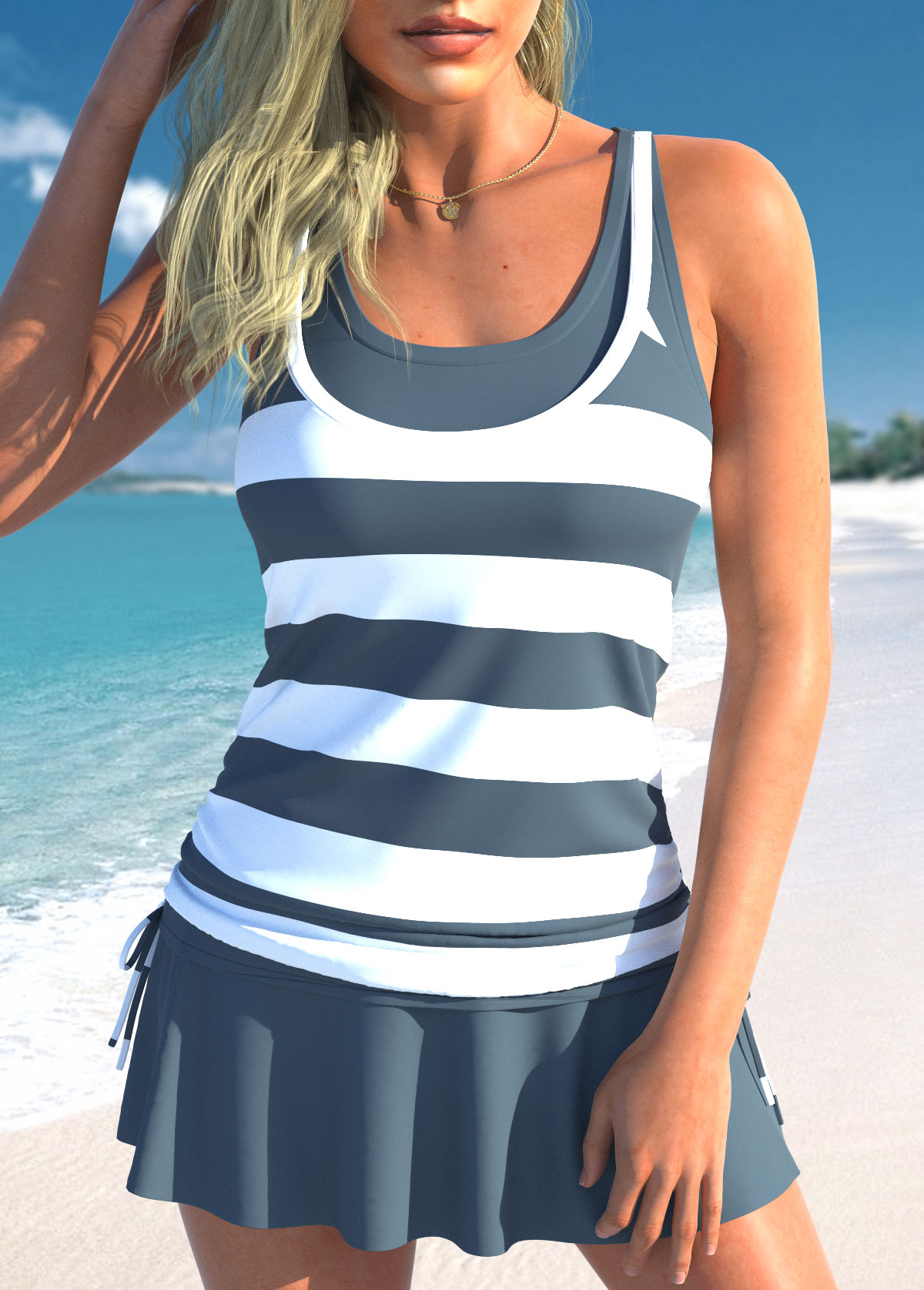 Modlily Grey Mid Waisted Fake 2in1 Striped Tankini Set - M
