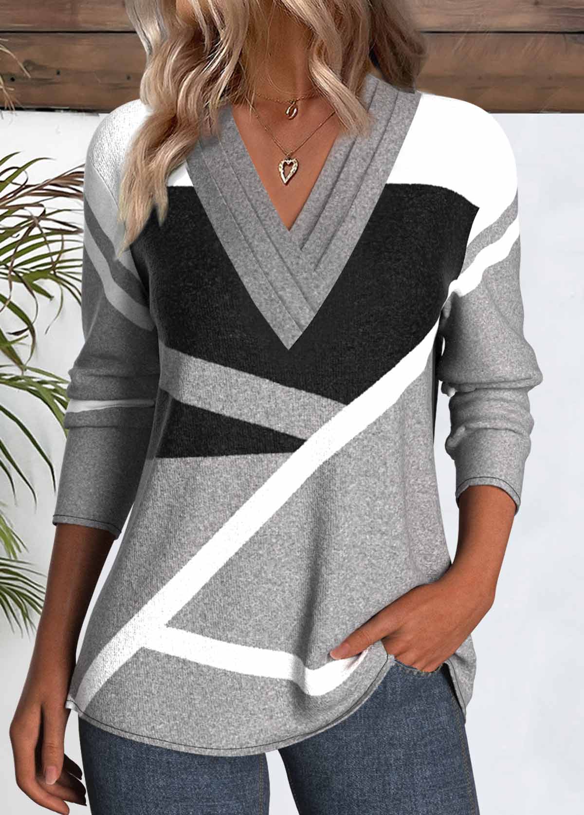 Modlily Grey Patchwork Geometric Long Sleeve V Neck T Shirt - S