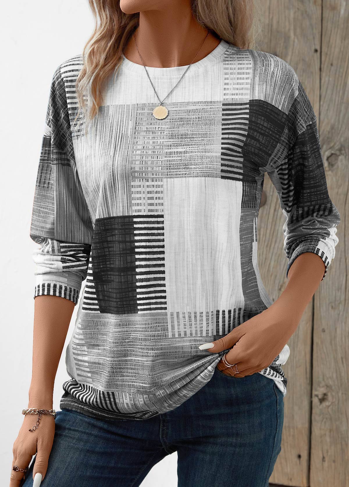 Modlily Grey Patchwork Geometric Print Long Sleeve T Shirt - M