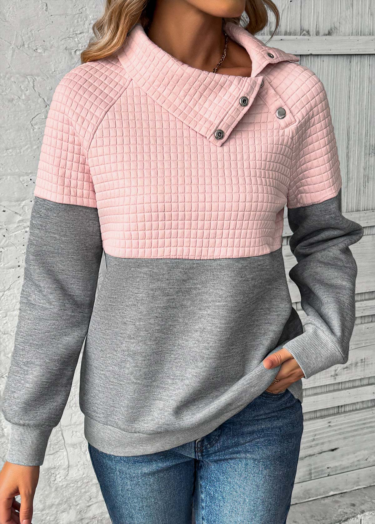Modlily Grey Patchwork Long Sleeve Asymmetrical Neck Sweatshirt - L