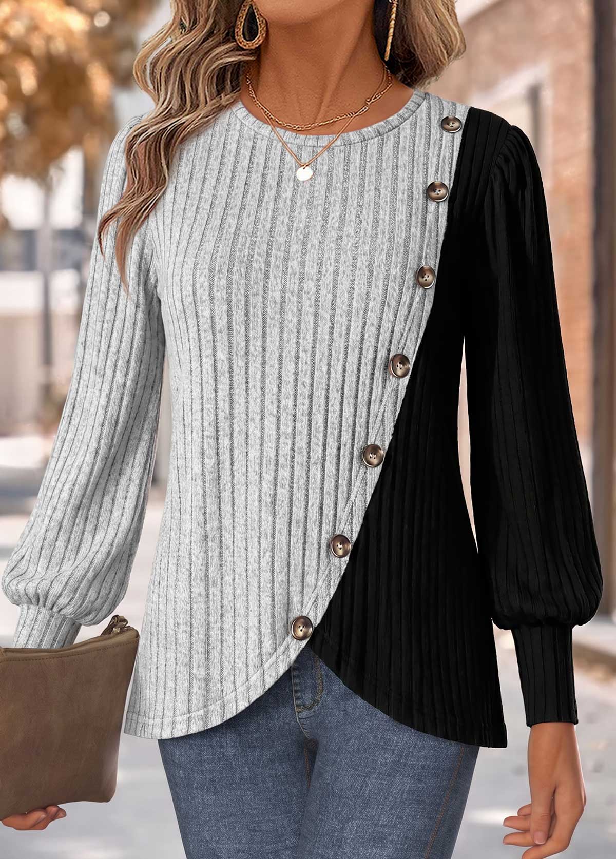 Modlily Grey Patchwork Long Sleeve Round Neck T Shirt - M