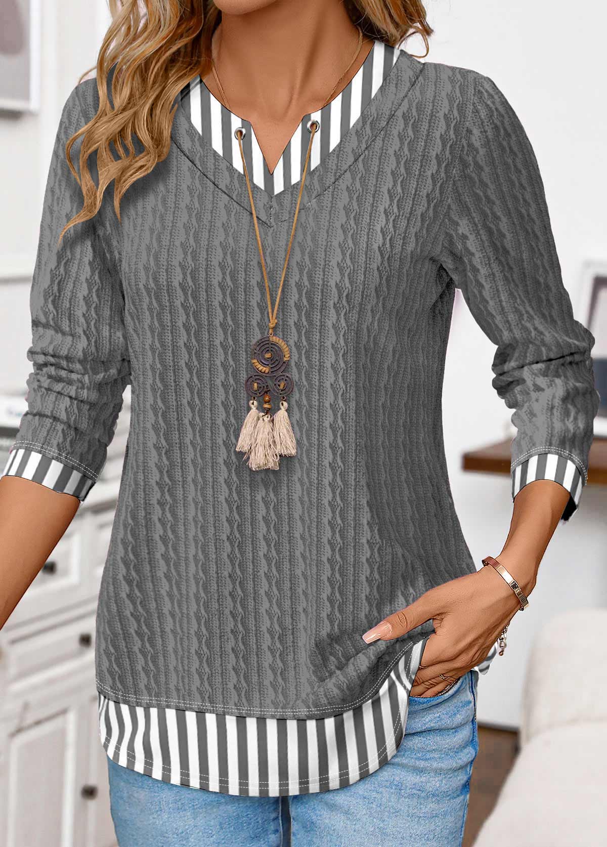 Modlily Grey Patchwork Striped Long Sleeve Fake Two Piece Twinset - XL