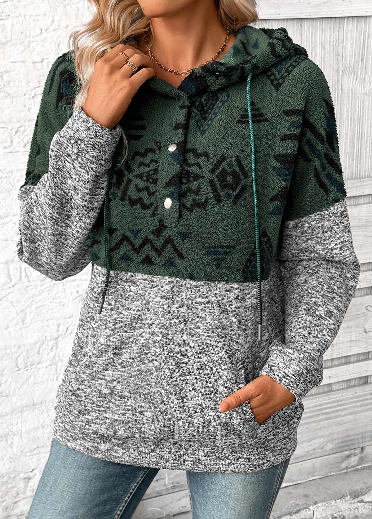 Modlily Grey Patchwork Tribal Print Long Sleeve Hoodie - S