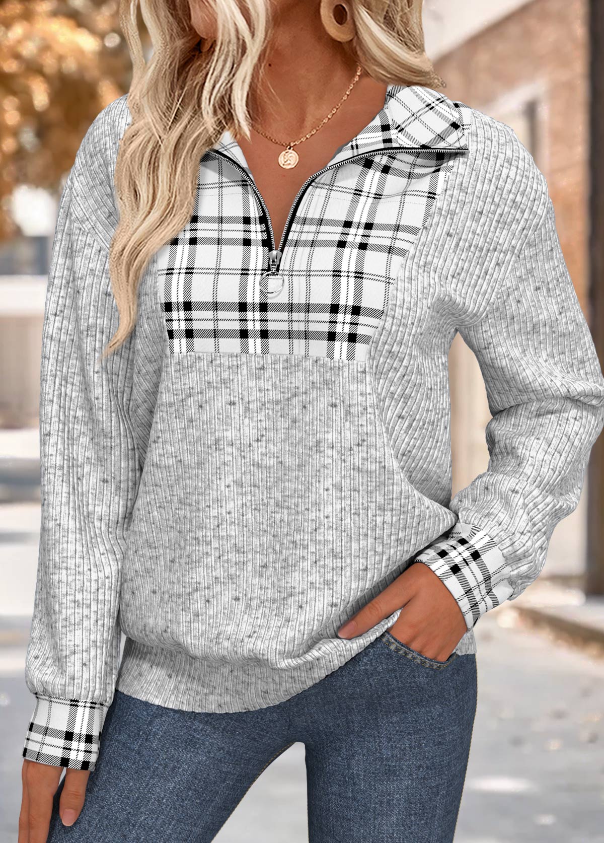 Modlily Grey Plaid Long Sleeve Turn Down Collar Sweatshirt - S