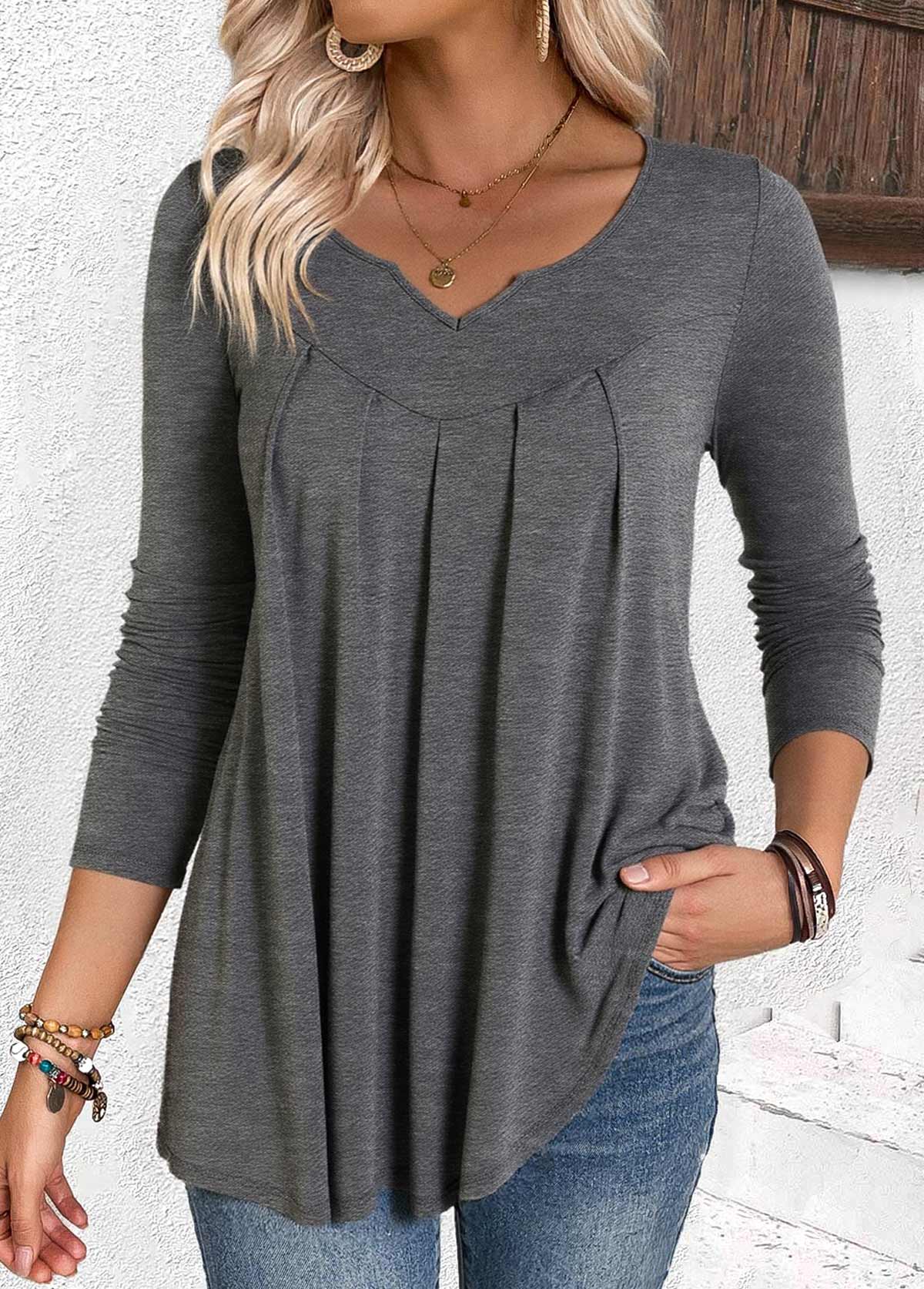 Modlily Grey Pleated Long Sleeve Split Neck T Shirt - S