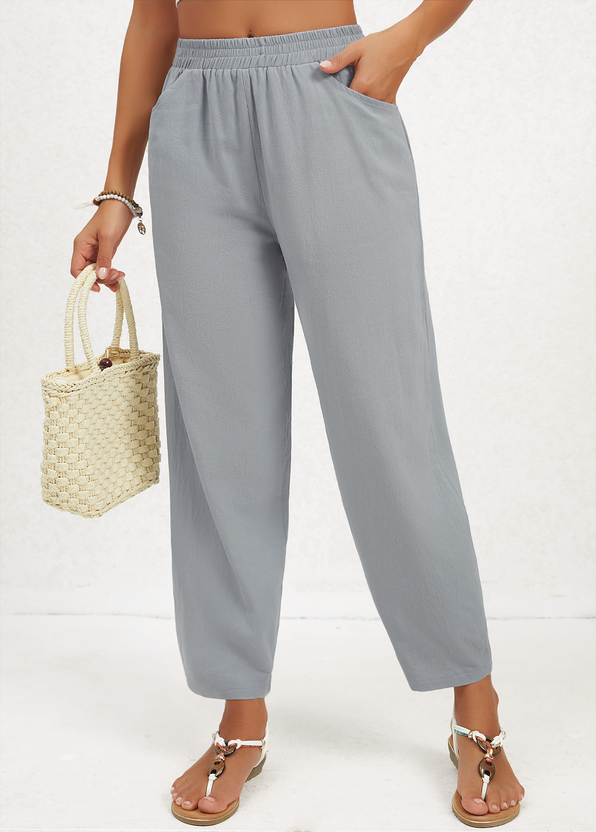 Modlily Grey Pocket Regular Elastic Waist High Waisted Pants - XL