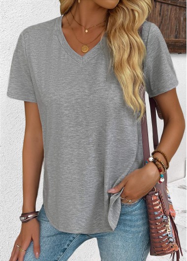 Modlily Grey Short Sleeve V Neck T Shirt - S