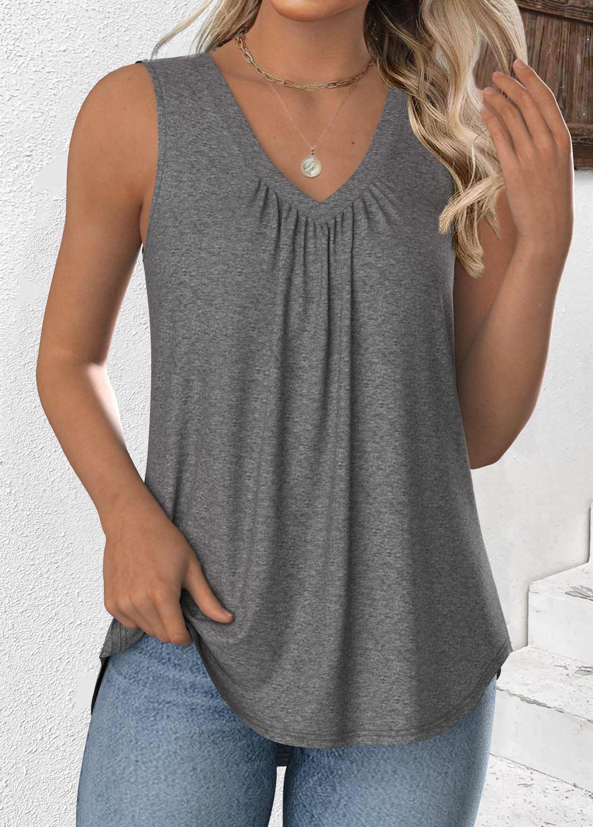 Modlily Grey Sleeveless V Neck Tank Top - M