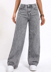 Modlily Grey Soft Wide Leg Button Fly High Waisted Jeans - XXL
