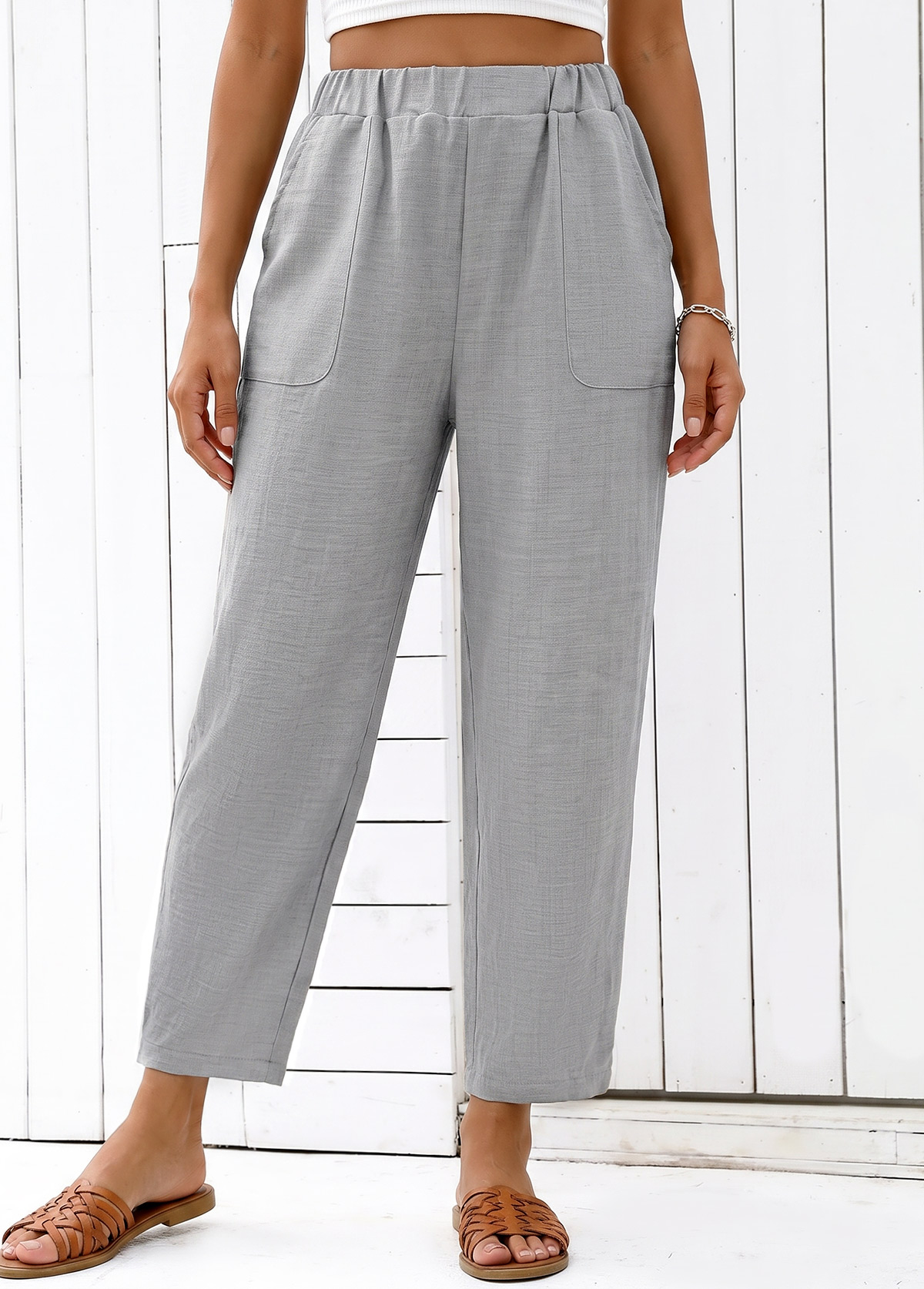 Modlily Grey Straight Leg Elastic Waist High Waisted Pocket Pants - S