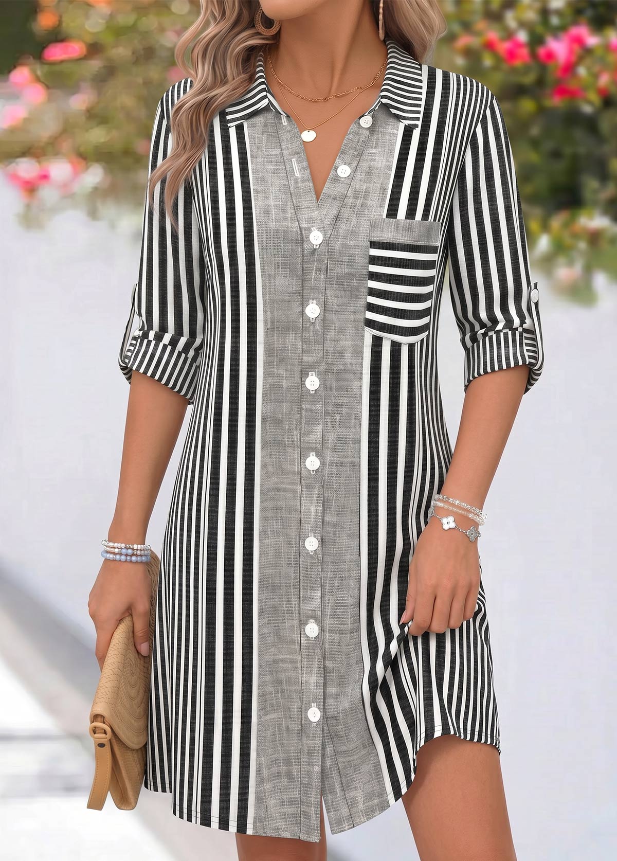 Modlily Grey Striped Short Tummy Coverage Long Sleeve Dress - S