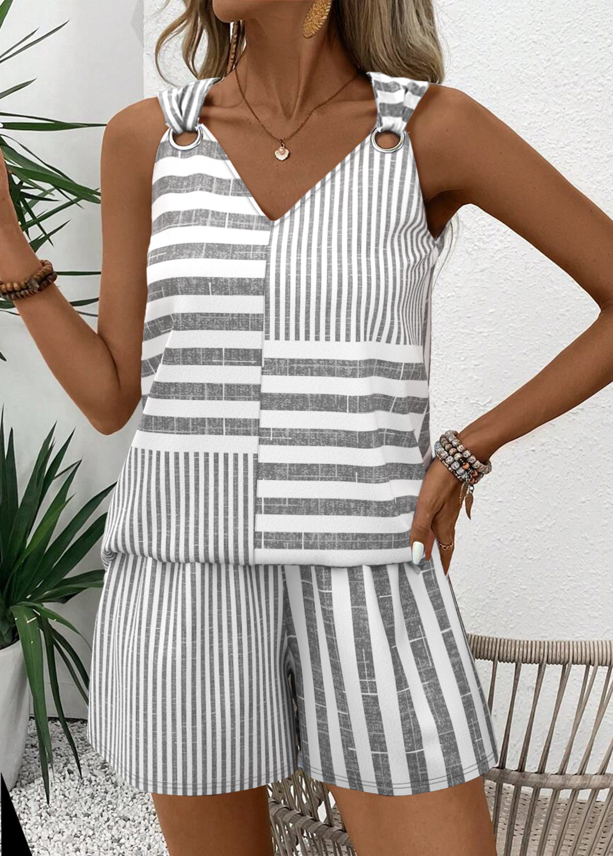 Modlily Grey Striped Sleeveless V Neck Tank Top and Shorts - S