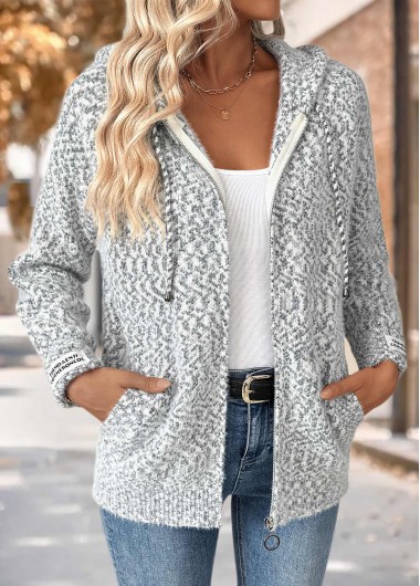 Modlily Grey Tummy Coverage Geometric Print Long Sleeve Hooded Cardigan - L