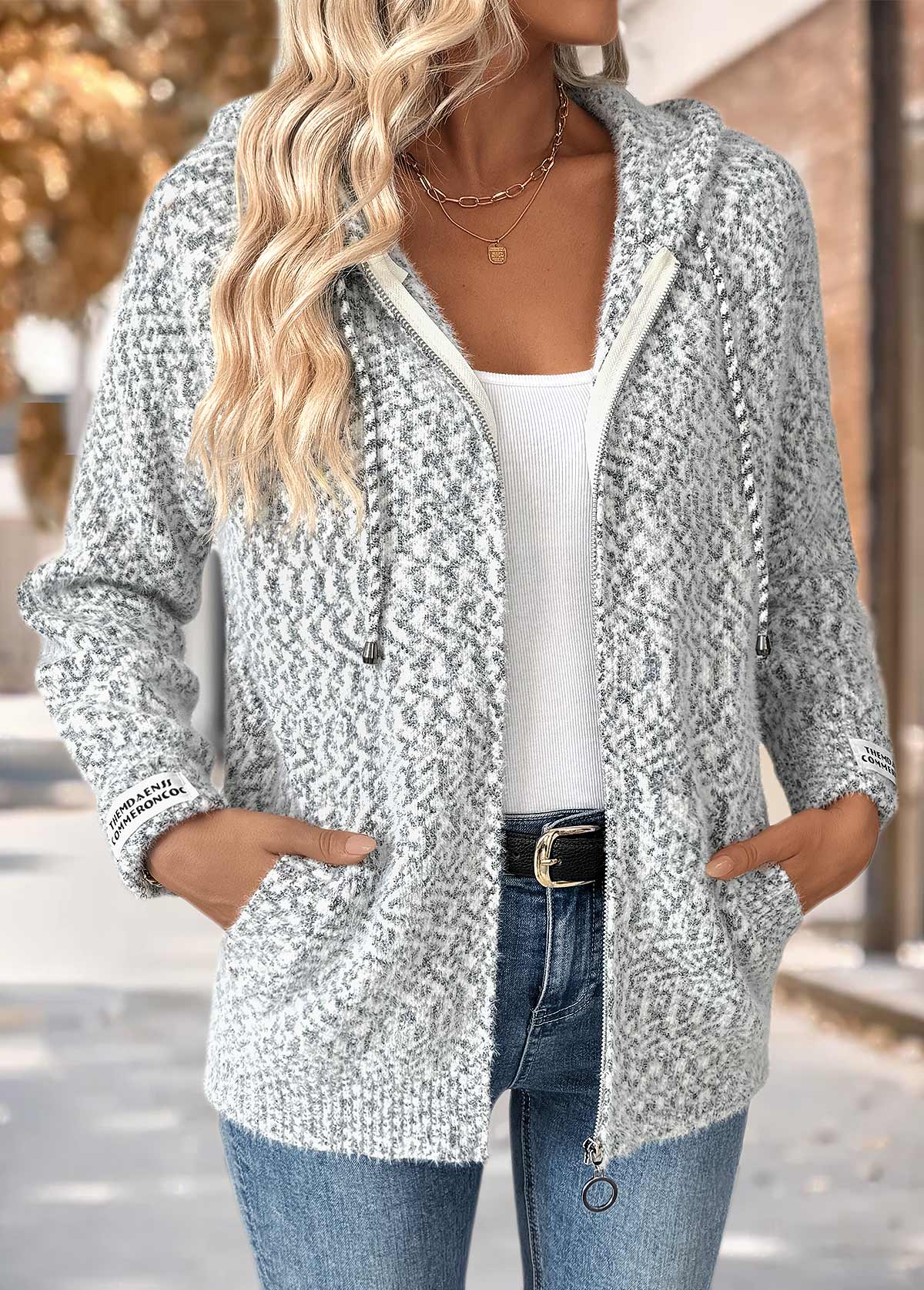 Modlily Grey Tummy Coverage Geometric Print Long Sleeve Hooded Cardigan - XL