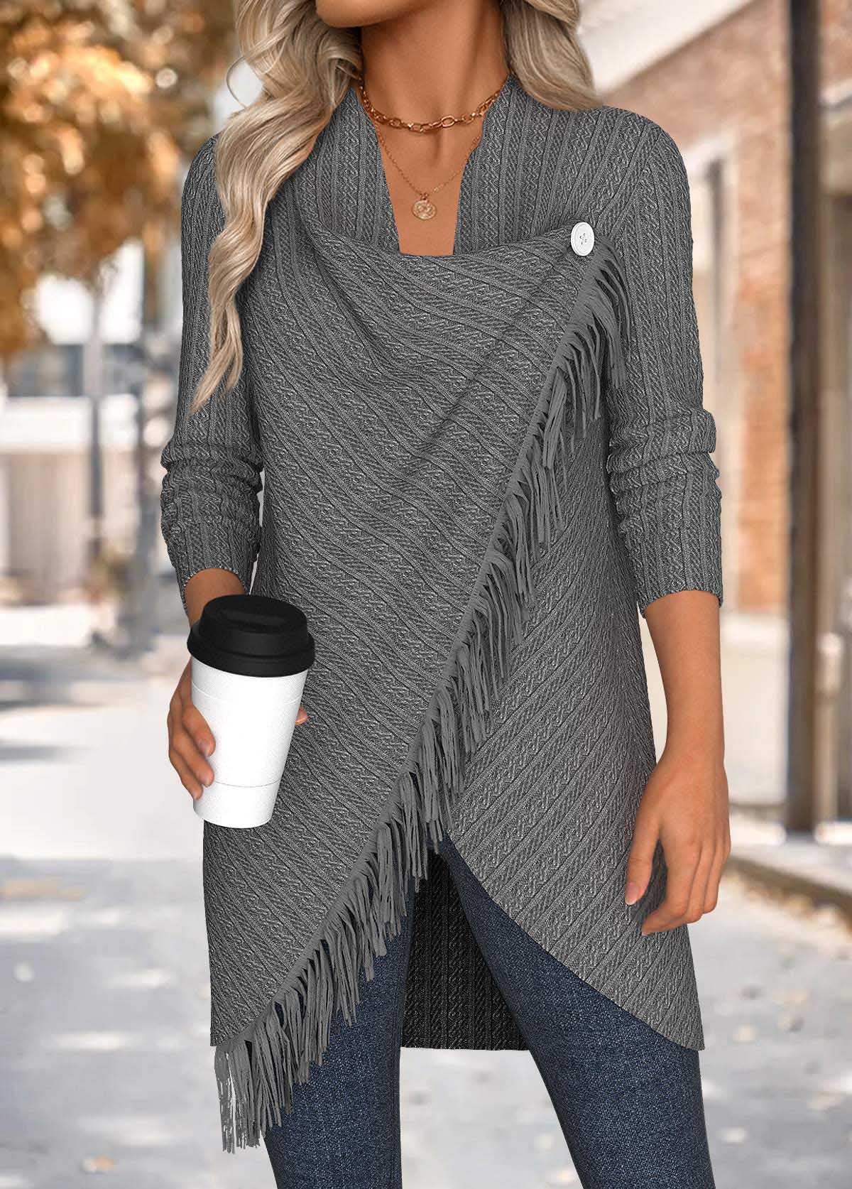 Modlily Grey Tummy Coverage Long Sleeve Draped Neck Coat - S