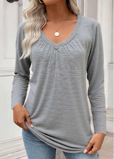 Modlily Grey Tummy Coverage Long Sleeve V Neck T Shirt - S