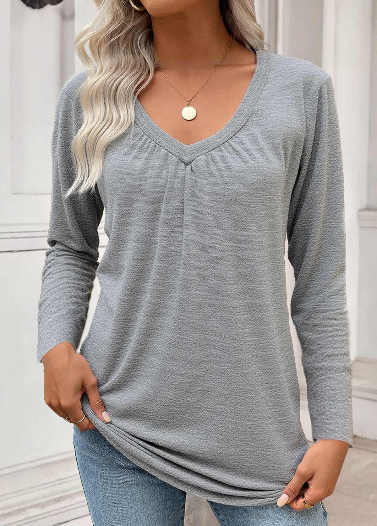 Modlily Grey Tummy Coverage Long Sleeve V Neck T Shirt - S