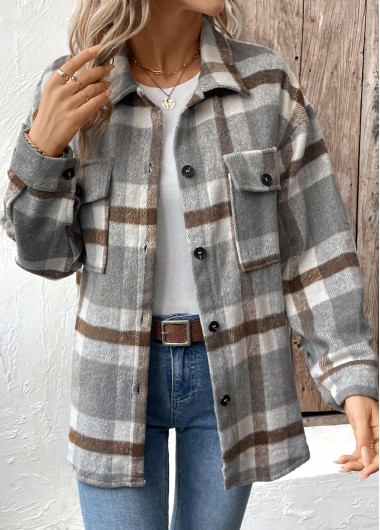 Modlily Grey Tummy Coverage Plaid Long Sleeve Coat - 2XL