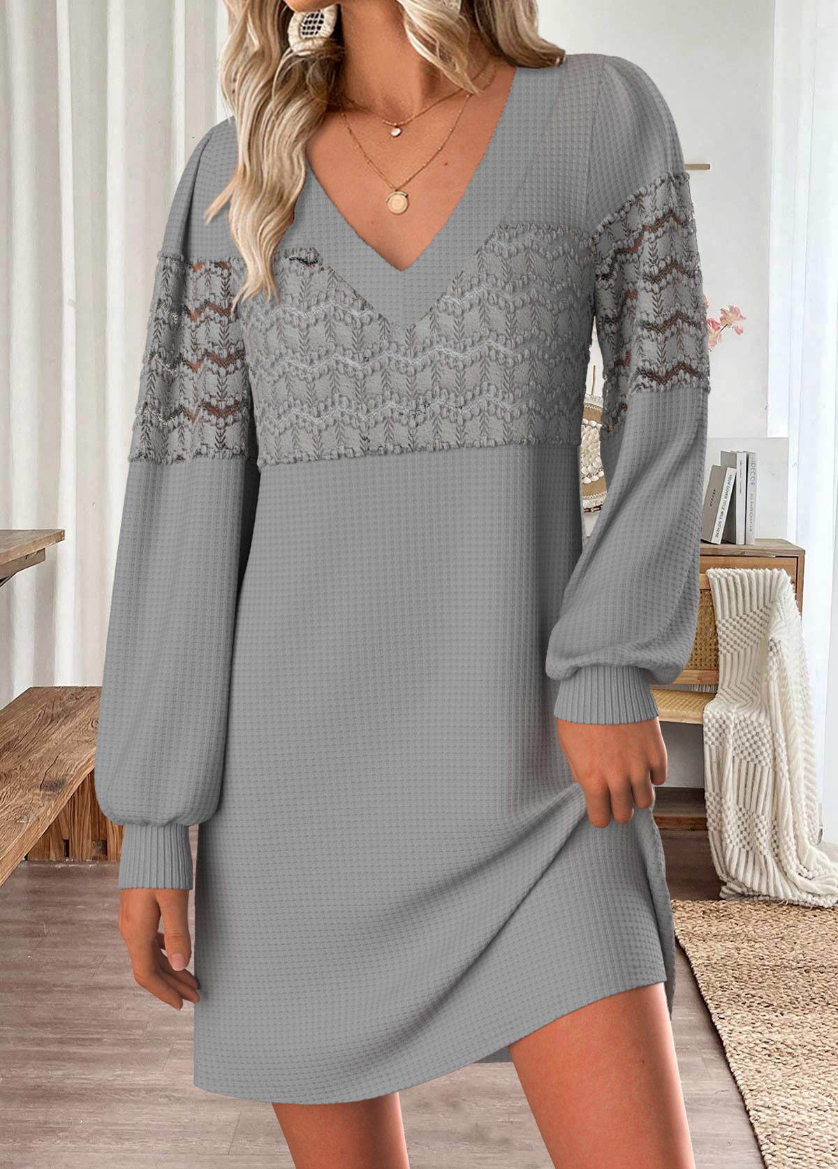 Modlily Grey Tummy Coverage Short Long Sleeve V Neck Dress - XXL
