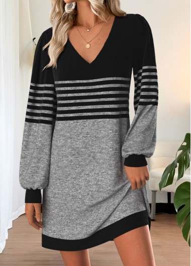 Modlily Grey Tummy Coverage Striped Short Long Sleeve Dress - S