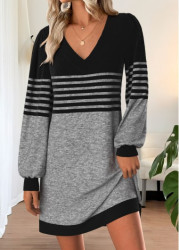 Modlily Grey Tummy Coverage Striped Short Long Sleeve Dress - S