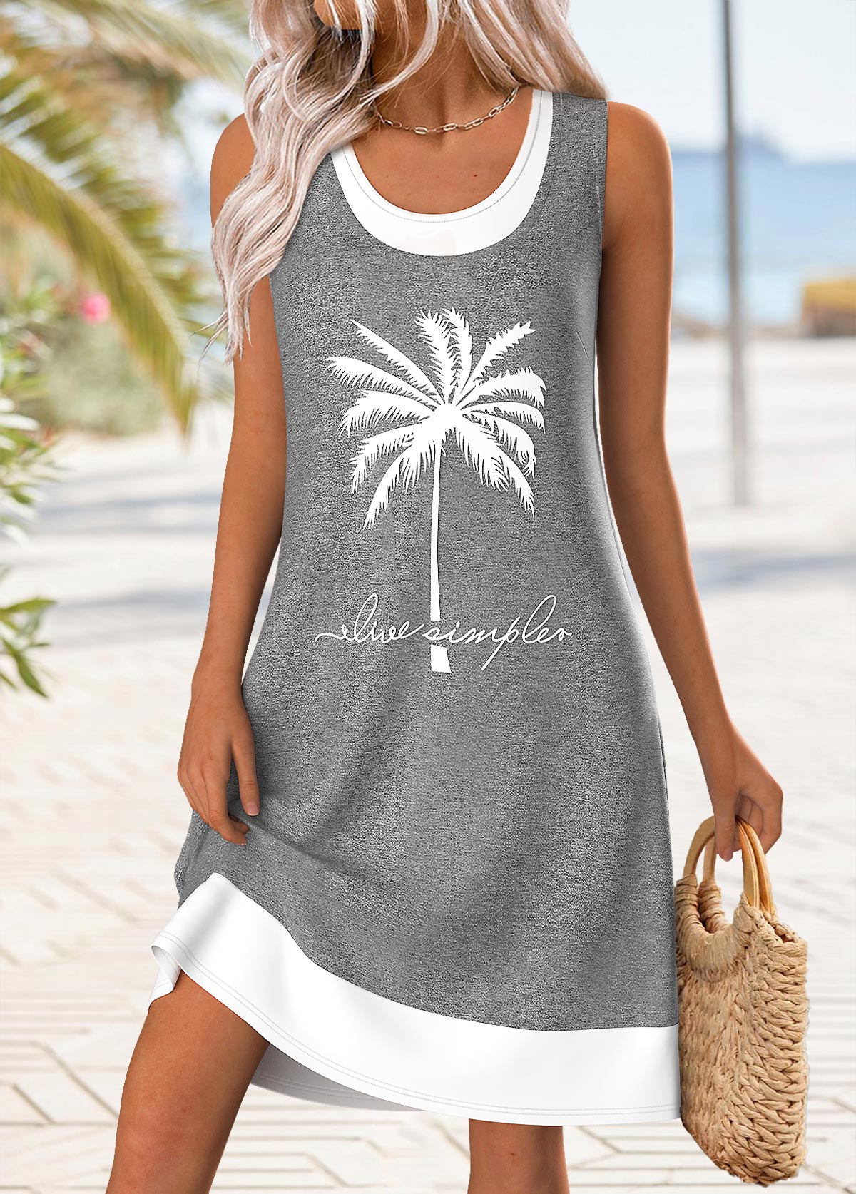 Modlily Grey Tummy Coverage Tropical Plants Print Short Sleeveless Dress - M