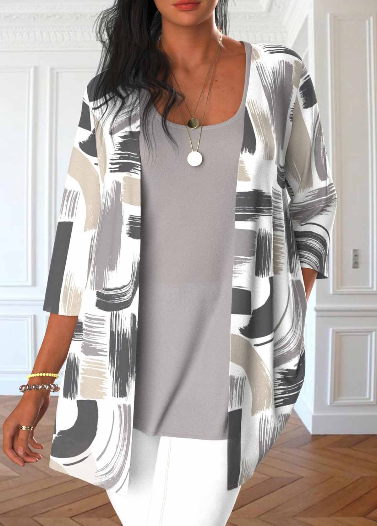 Modlily Grey Two Piece Graffiti Print Cardigan and Tank Top - S