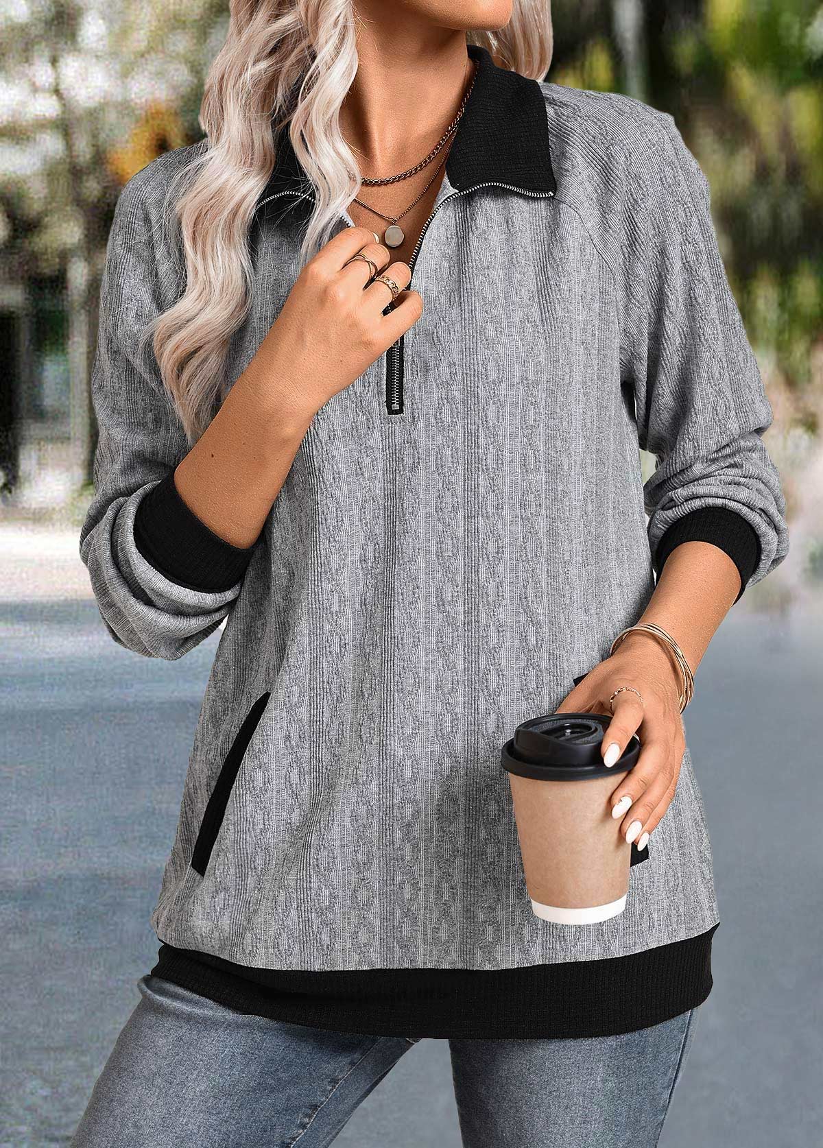 Modlily Grey Zipper Long Sleeve Shirt Collar Sweatshirt - M
