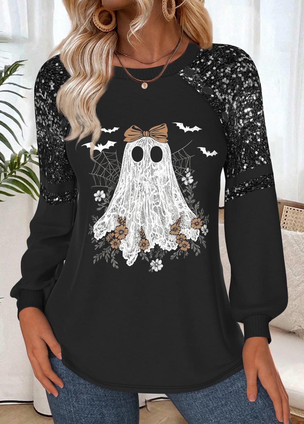 Modlily Halloween Black Tummy Coverage Long Sleeve Round Neck Sweatshirt - L