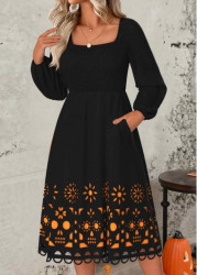 Modlily Halloween Black Tummy Coverage Long Sleeve Square Neck Dress - M