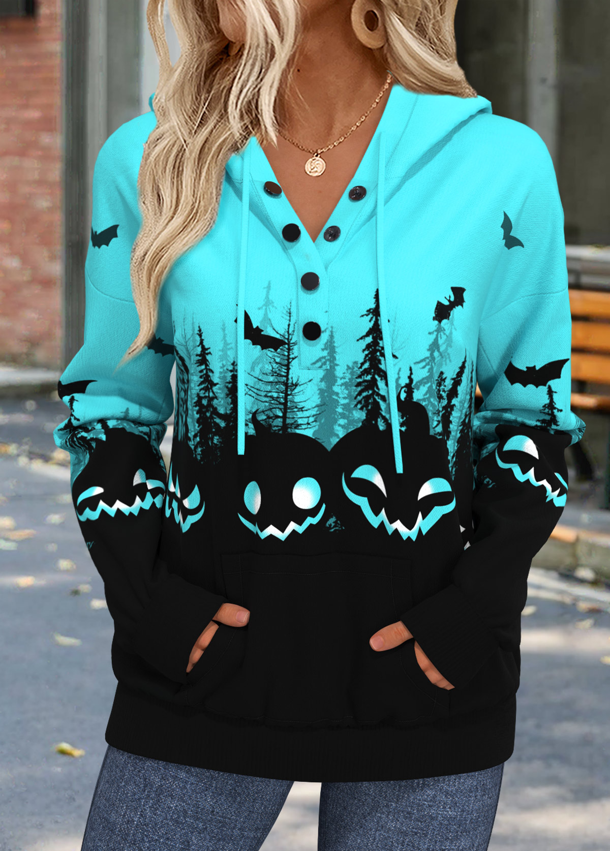 Modlily Halloween Cyan Tummy Coverage Long Sleeve Hoodie - L