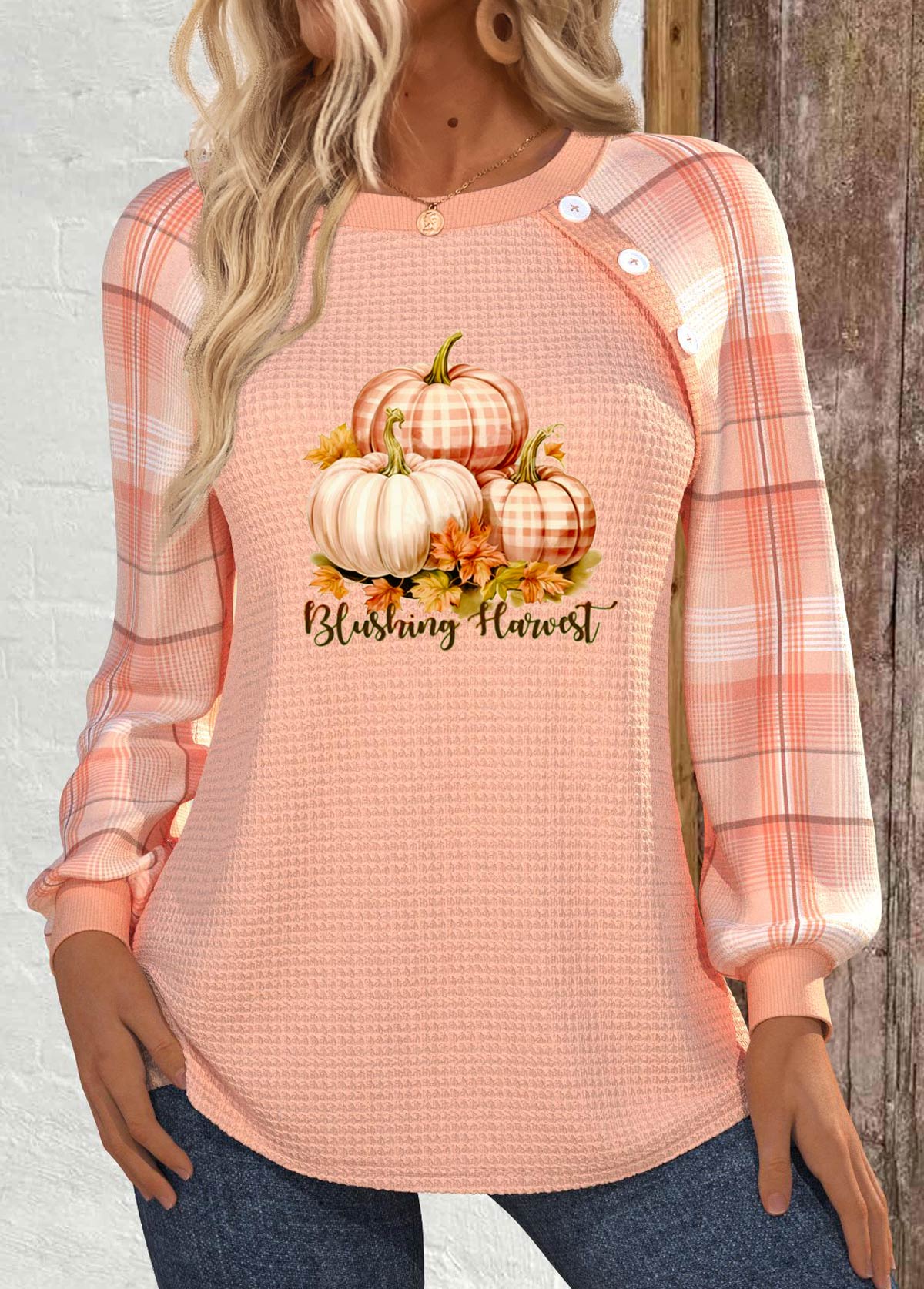 Modlily Halloween Dusty Pink Button Long Sleeve Round Neck Sweatshirt - L