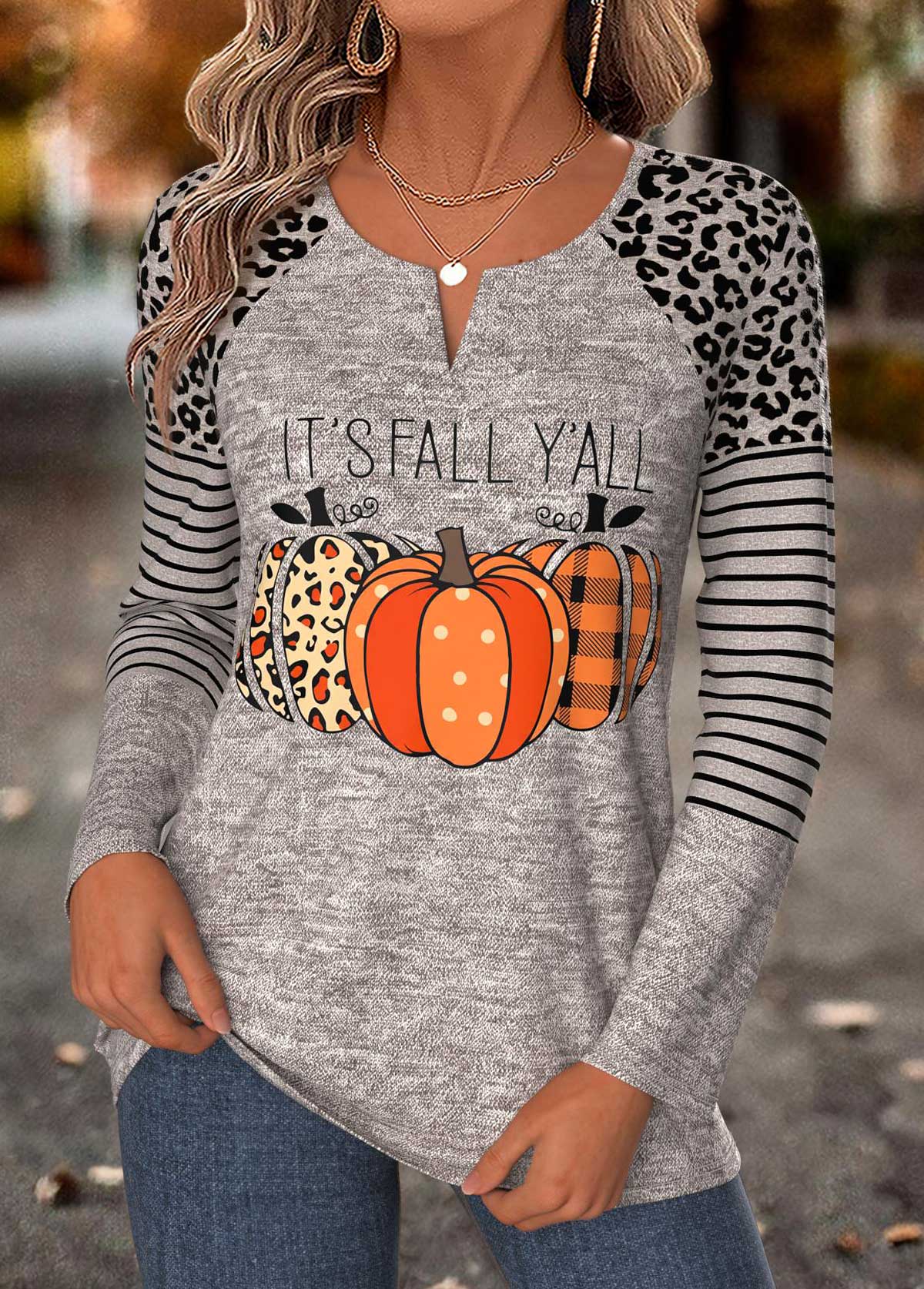 Modlily Halloween Gray Brown Curved Hem Long Sleeve T Shirt - S