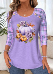 Modlily Halloween Light Purple Tummy Coverage Pumpkin Print T Shirt - S