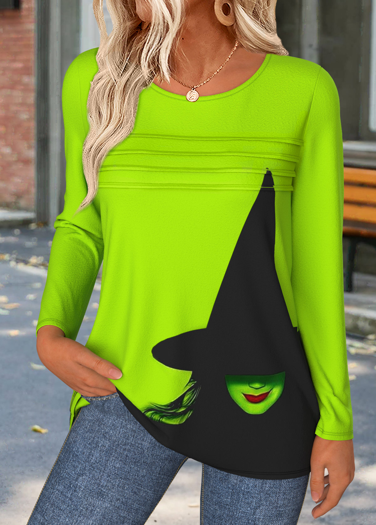 Modlily Halloween Neon Green Tummy Coverage Long Sleeve T Shirt - S
