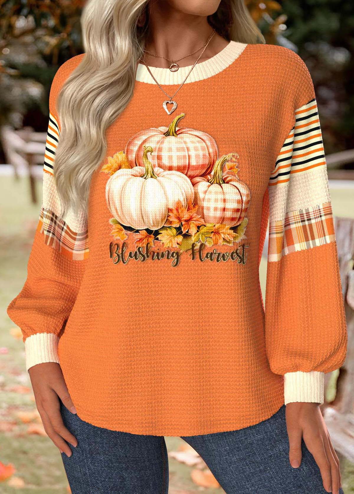 Modlily Halloween Neon Orange Tummy Coverage Pumpkin Print Sweatshirt - XL