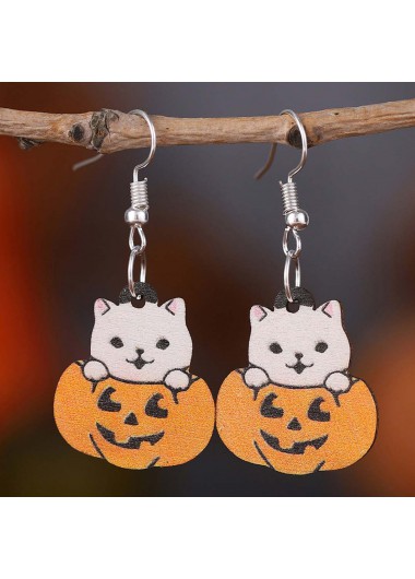 Modlily Halloween Orange Pumpkin Wood Detail Earrings - One Size