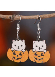 Modlily Halloween Orange Pumpkin Wood Detail Earrings - One Size