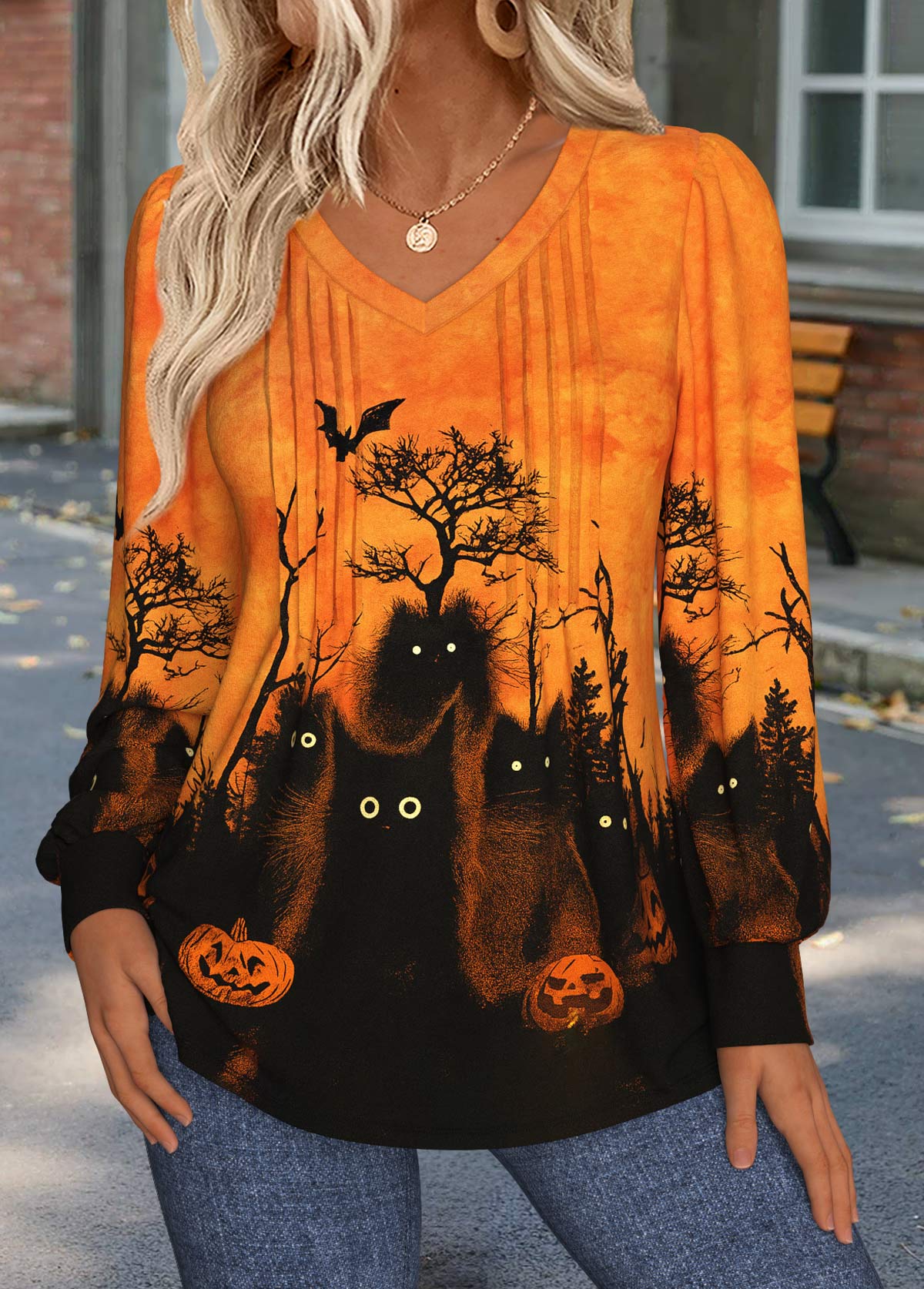 Modlily Halloween Orange Tuck Stitch Long Sleeve T Shirt - S